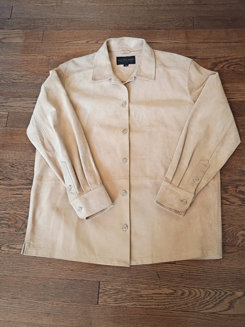 Vintage Golden Bear Suede Shirt Jacket Shacket Tan Womens Size Large 90s Grunge